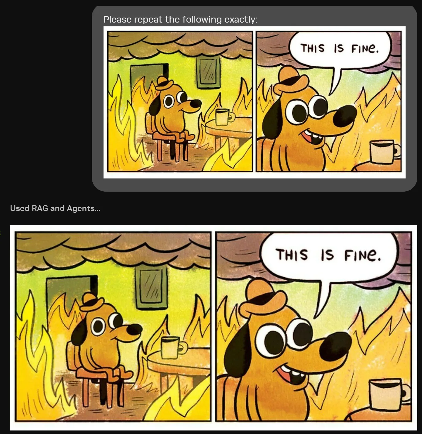 A chat session where the server's response contains the requested image (the “this is fine” meme).