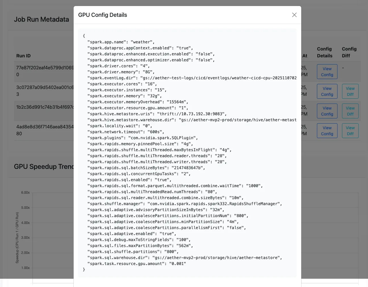 Example screenshot of Aether report UI GPU config details showing the recommended spark configs.