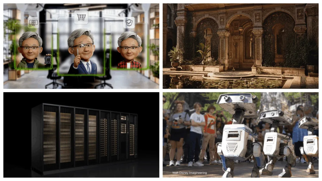 Four-image grid illustrating AI agents, robotics, data center infrastructure, and simulated environments.