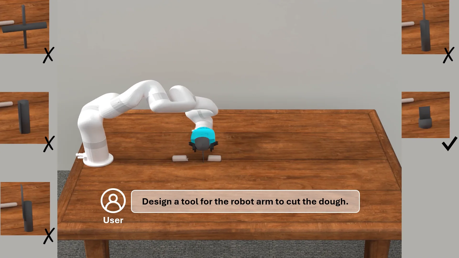 Robot arm in simulation iterating through tool designs to solve a task.