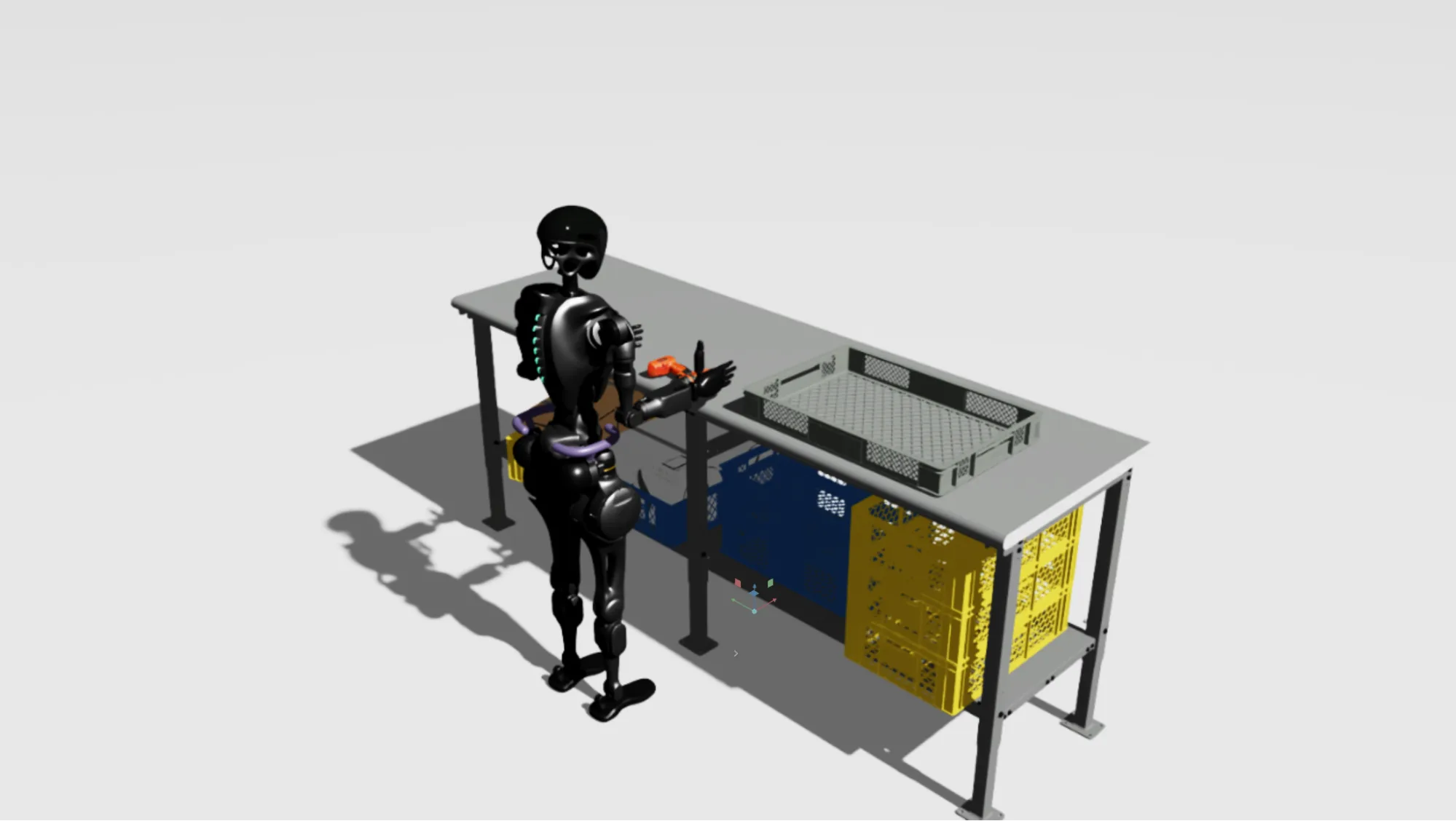 Image in Isaac Lab-Arena of a GR1 robot with a power drill on an industrial packing table.