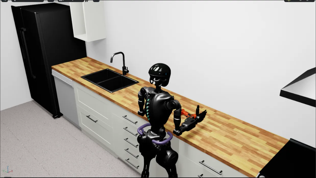 Image of a GR1 robot with a power drill on a kitchen counter.