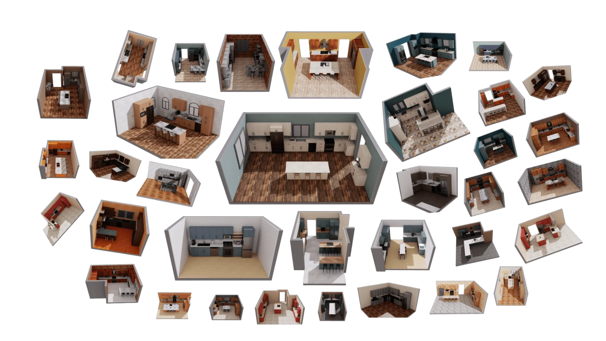 A collage of images of different kitchen environments from Lightwheel Task Suites built on Isaac Lab-Arena.
